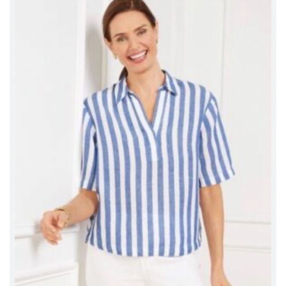 Talbots Women’s NWT Striped 100% Linen Crop Shirt Size L Coastal Lagenlook